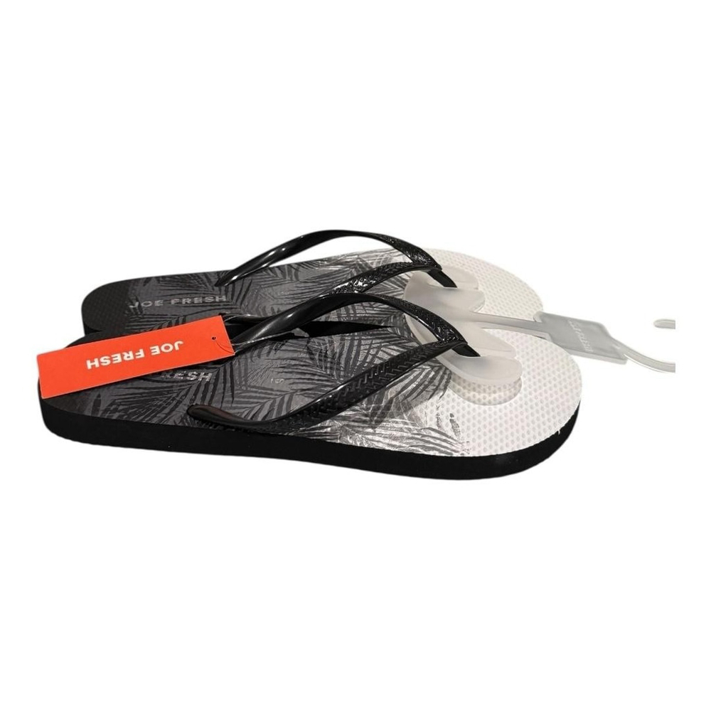 Joe Fresh Flip Flop Sandals Womens Size 6 Black Palm Leaf Beach Shoes Summer